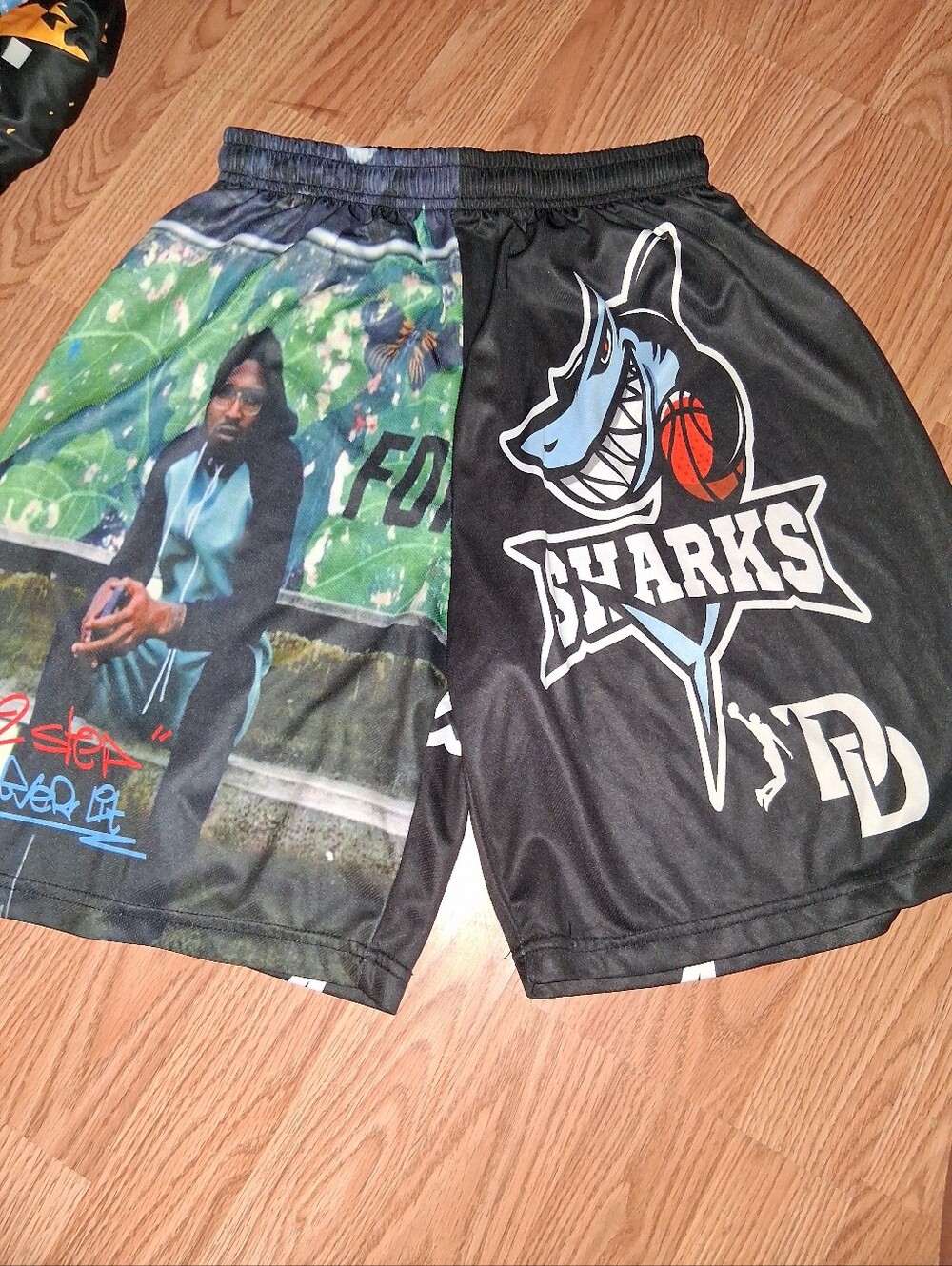 Dunkers Delight Pop Smoke Black & Green Graphic Sharks Athletic Shorts